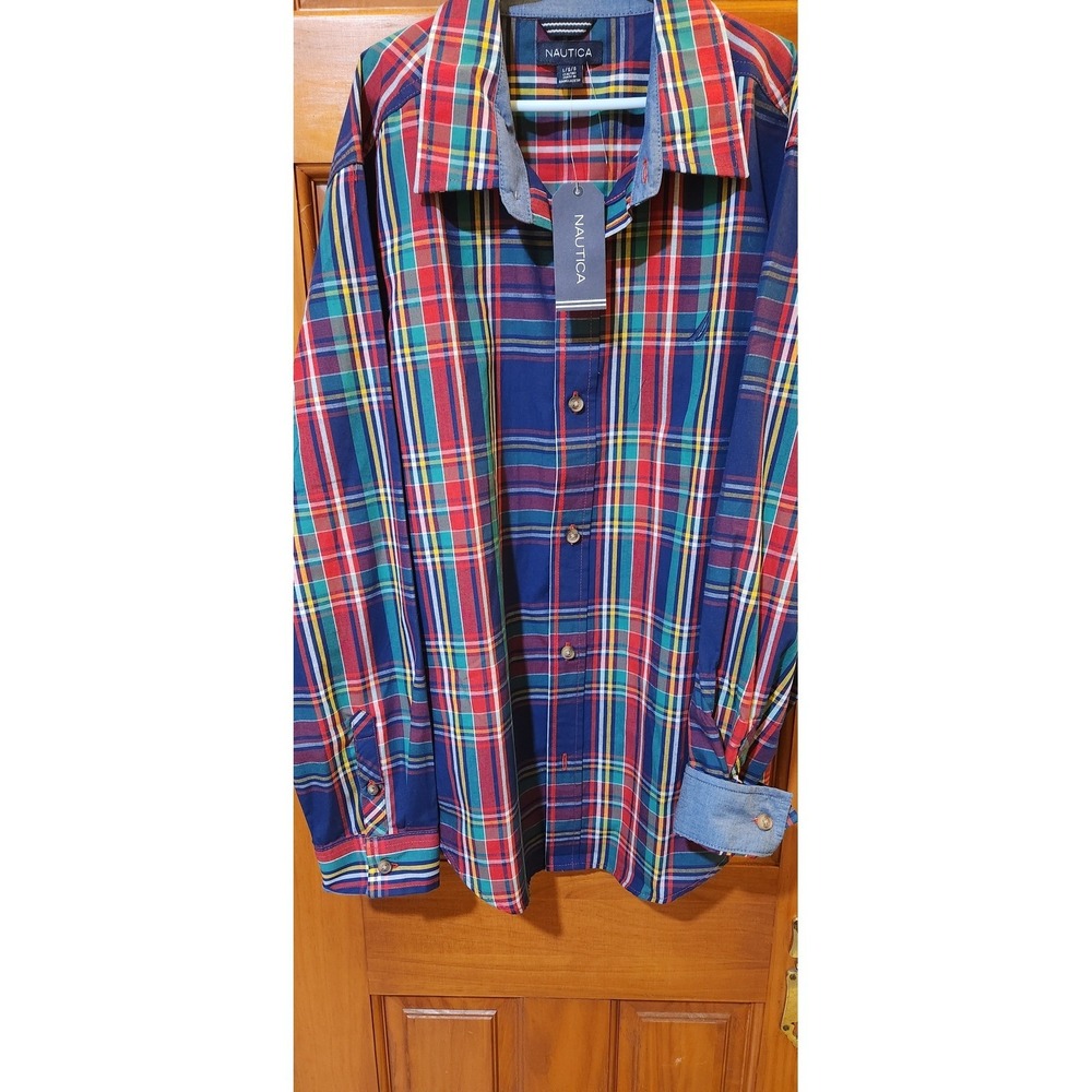 Nautica Boys Plaid Button Down Shirt Long Sleeve Multi Color Size L 14/16 NWT